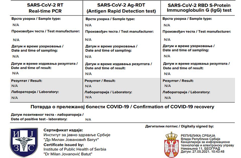 Kovid sertifikati po EU pravilima biće dostupni od petka na sajtu eUprave