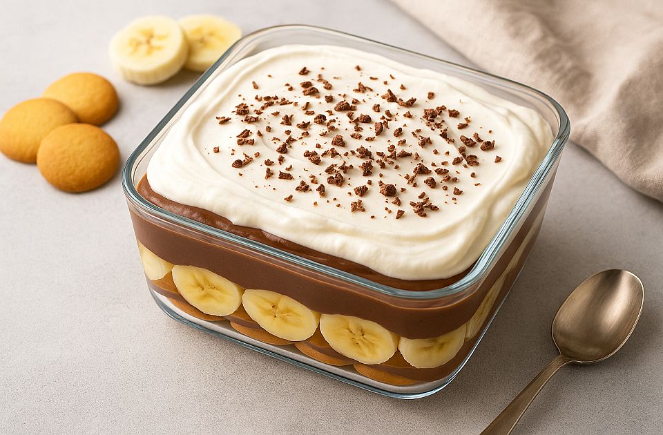 Slojeviti kolač sa dve vrste pudinga, bananama i rumom