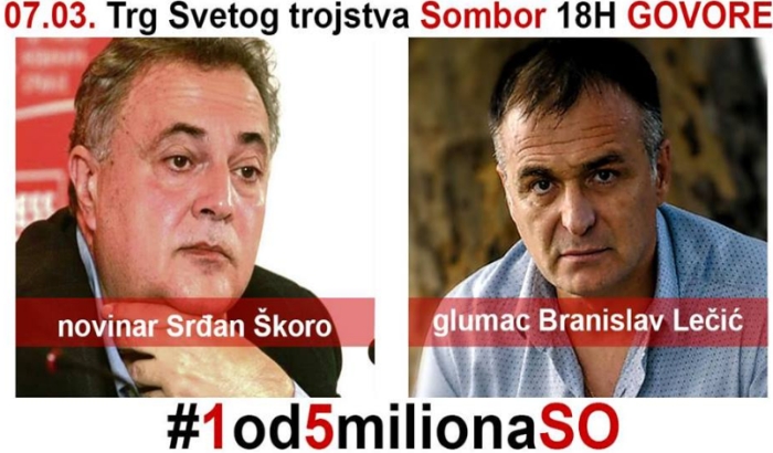 Sombor: Protesti četvrtkom, ove nedelje govornici Branislav Lečić i Srđan Škoro