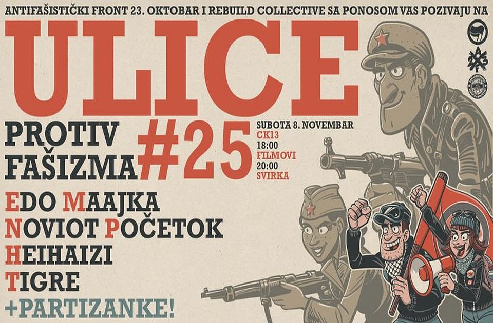 "Ulice protiv fašizma" u subotu u CK13: Filmovi, veganska klopa, kokteli i nastupi bendova 
